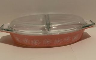 PINK DAISY PYREX 1.  5 Quart Oval DIVIDED CASSEROLE DISH with Lid 2