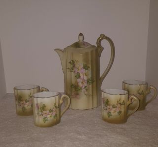 Antique Nippon Hand Painted Porcelain Chocolate Pot W/4 Cups Tea Set