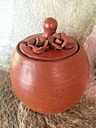 Rare Vintage Signed Pomaireware Clay Pottery Chile Applied Roses Lidded Jar Pot