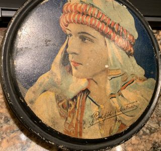 Vintage Rudolph Valentino 7 1/2 " Candy Tin Canco Beautebox / Henry Clive 1920s