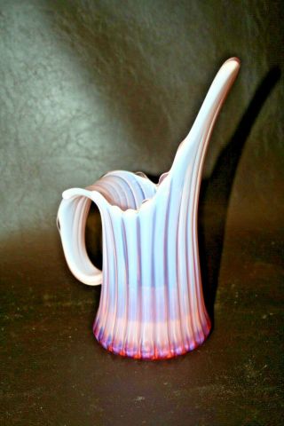 Vintage Rare Art Deco Style 9 " Tall Pink To White Glass Ribbed Pitcher W/ Handle