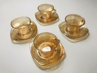 Floragold Louisa 4 Cups And 4 Saucers Jeannette Glass Iridescent Vintage