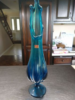 Stretched Glass Viking Vase 18 1/2 " Tall Vintage Mid Century Teal Blue