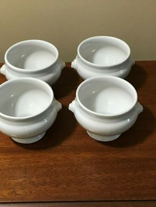 4 Emile Henry French Porcelain White Soup Tureens With Lion Head Handles