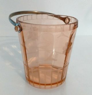 Pink Depression Glass Ice Bucket Metal Handle Floral Etched Pattern