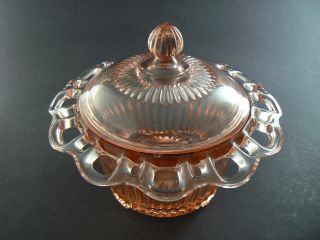Vintage Depression Pink Glass Candy Sugar Dish Lace on Perimeter with Lid 7“ C20 2