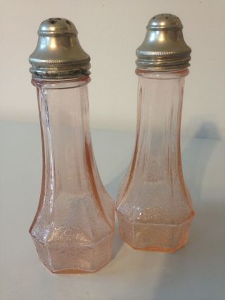 Pink Depression Glass Poinsettia Salt & Pepper 5.  25 Inches With Lids