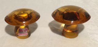 Viking Glass Amber Set 2 Mushrooms Figurines / Paperweights W/ Sticker