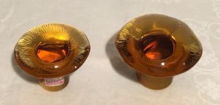 Viking Glass Amber Set 2 Mushrooms FIGURINES / PAPERWEIGHTS w/ Sticker 2