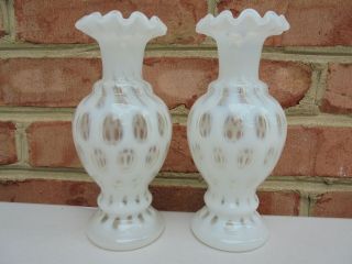 Pair Vintage Fenton French Opalescent Coin Dot Vases 6 1/2 "
