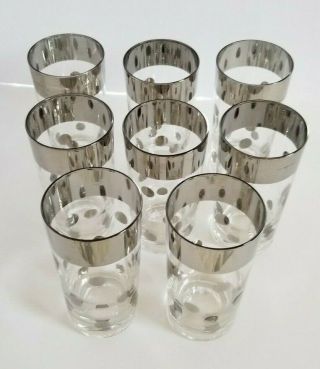 8 Vintage Mid - Century Dorothy Thorpe Silver Polka Dot Drinking Glasses Tumblers