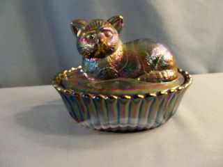 Westmoreland Purple Carnival Slag Glass Cat Covered Candy Dish