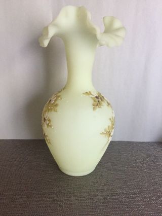 Vintage Fenton Ruffled Vase Green Satin Glass,  Hand Painted & Signed 6
