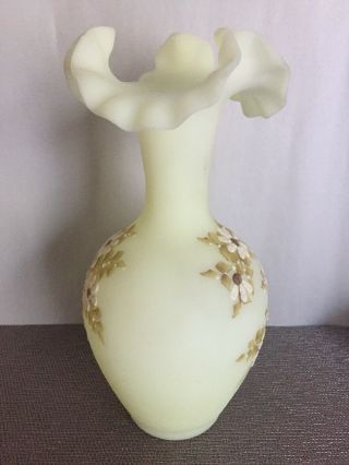 Vintage Fenton Ruffled Vase Green Satin Glass,  Hand Painted & Signed 7