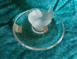 Vintage Signed Lalique France Crystal Frosted Sparrow Art Glass Ring Bowl Dish.