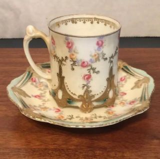 R S Prussia Ribbon & Jewel Mold Footed Demitasse Cup & Saucer Marked