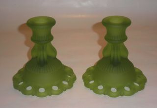 Vtg Westmoreland Doric Frosted Satin Lime Green Glass Set Of 2 Candle Holders