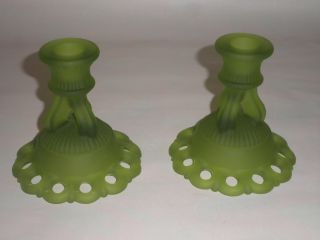 VTG WESTMORELAND DORIC Frosted Satin Lime Green GLASS Set of 2 candle HOLDERS 2
