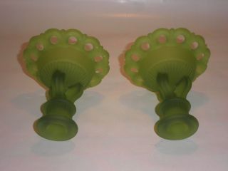 VTG WESTMORELAND DORIC Frosted Satin Lime Green GLASS Set of 2 candle HOLDERS 3