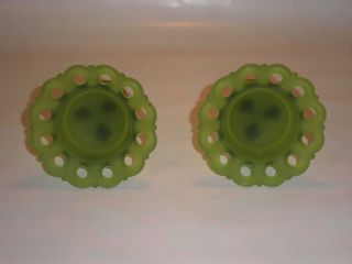 VTG WESTMORELAND DORIC Frosted Satin Lime Green GLASS Set of 2 candle HOLDERS 4