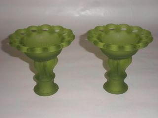 VTG WESTMORELAND DORIC Frosted Satin Lime Green GLASS Set of 2 candle HOLDERS 5