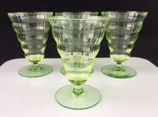 Set Of 4 Utility Glass Cambodia Vaseline W/ Green Foot 4 " Juice Glasses 1920s