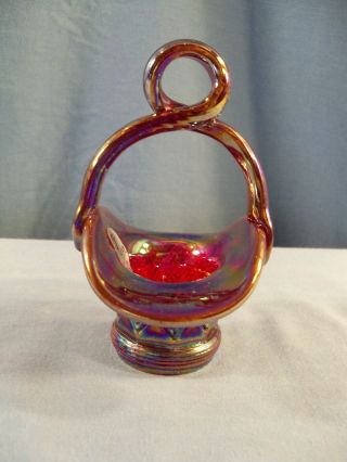 Fenton Red Carnival Glass Mini Miniature Basket W/ Diamond Design Looped Handle
