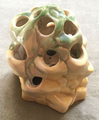 Vintage Unusual Pottery " Mountain " Or " Rock " Flower Frog Yellow Glaze Unmarked