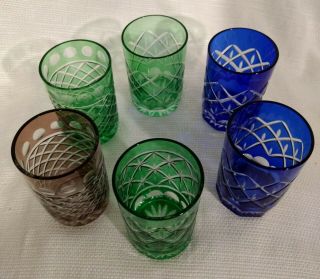 Vintage Set Of 6 Bohemian Czech Cobalt Cut To Clear Water - Whiskey Tumblers