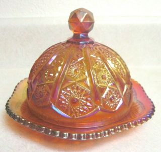 Vtg Indiana Glass Heirloom Sunset Red Carnival Glass Covered Butter Dish - Nib