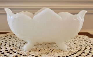 Vintage White Milk Glass Footed Fruit Bowl With Scalloped Edges Leaf Pattern