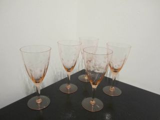 (5) Vintage Pink Depression Glass Etched Floral Design Wine Stemware - - 7” Tall