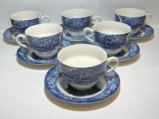 6 Staffordshire England Liberty Blue Tea Cups & Saucers Old North Church