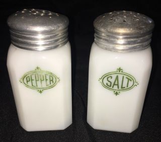 Vtg Hazel Atlas Milk Glass With Green Salt & Pepper Shakers Square Farmhouse
