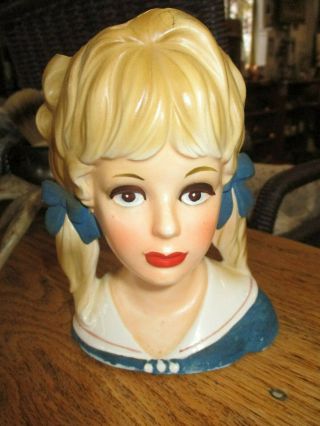 Antique Vintage Rare Blonde Teen Girl Lady In Blue Pigtails Headvase Head Vase