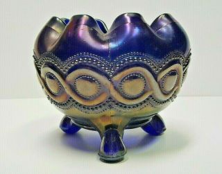 Northwood Antique Blue/cobalt Carnival Glass Beaded Cable 3 Toed Bowl W/logo