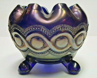 NORTHWOOD ANTIQUE Blue/Cobalt Carnival Glass Beaded Cable 3 Toed Bowl w/LOGO 2