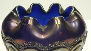 NORTHWOOD ANTIQUE Blue/Cobalt Carnival Glass Beaded Cable 3 Toed Bowl w/LOGO 5