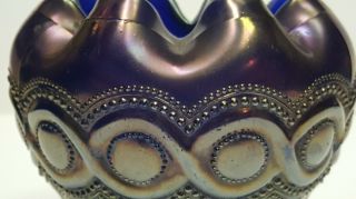 NORTHWOOD ANTIQUE Blue/Cobalt Carnival Glass Beaded Cable 3 Toed Bowl w/LOGO 7