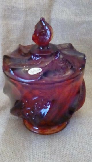 Fenton Art Glass Covered Candy Dish In Red With Swirl Design
