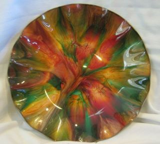 Vtg Seetusee Mayfair Canada Large Bowl Dish 12.  5 " Glass Leather Red Yellow Green