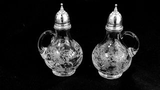 Cambridge Chantilly Etched Glass Sterling Silver Handled Salt Pepper Shakers
