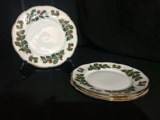 4 Yuletide Salad Plates By Rosina - Queen’s China Co.  8 1/4 " Gold Trim