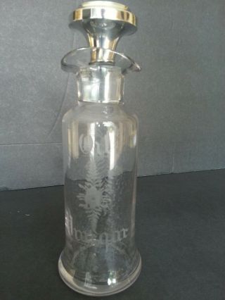 Antique Hawkes Etched Glass Oil Vinegar Bottle Cruet Sterling Overlay Top