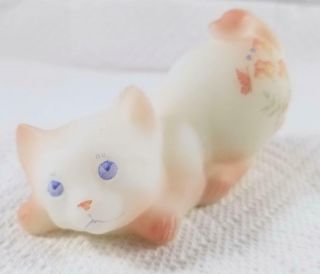 Fenton Art Glass Playful Kitten Cat White Satin Rose Trim Handpainted Donna R
