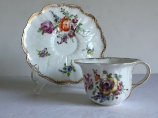 Antique Sitzendorf German Porcelain Cup And Flat Saucer Floral Painted 19thc