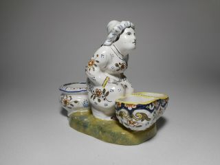Antique Tin Glazed French Faience Peasant Woman On Chamber Pot Salt