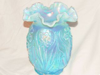Fenton Art Glass Daffodil Vase - Opalescent Blue - Vintage Ruffled Vase