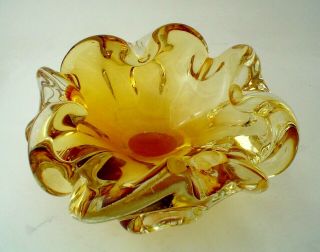 Vintage Murano Art Glass Candy Dish or Ashtray Golden Amber Heavy 2