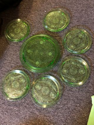 Green Depression Glass Jeannette 3 Footed Cake Plate 10 " & 6 Small Plates